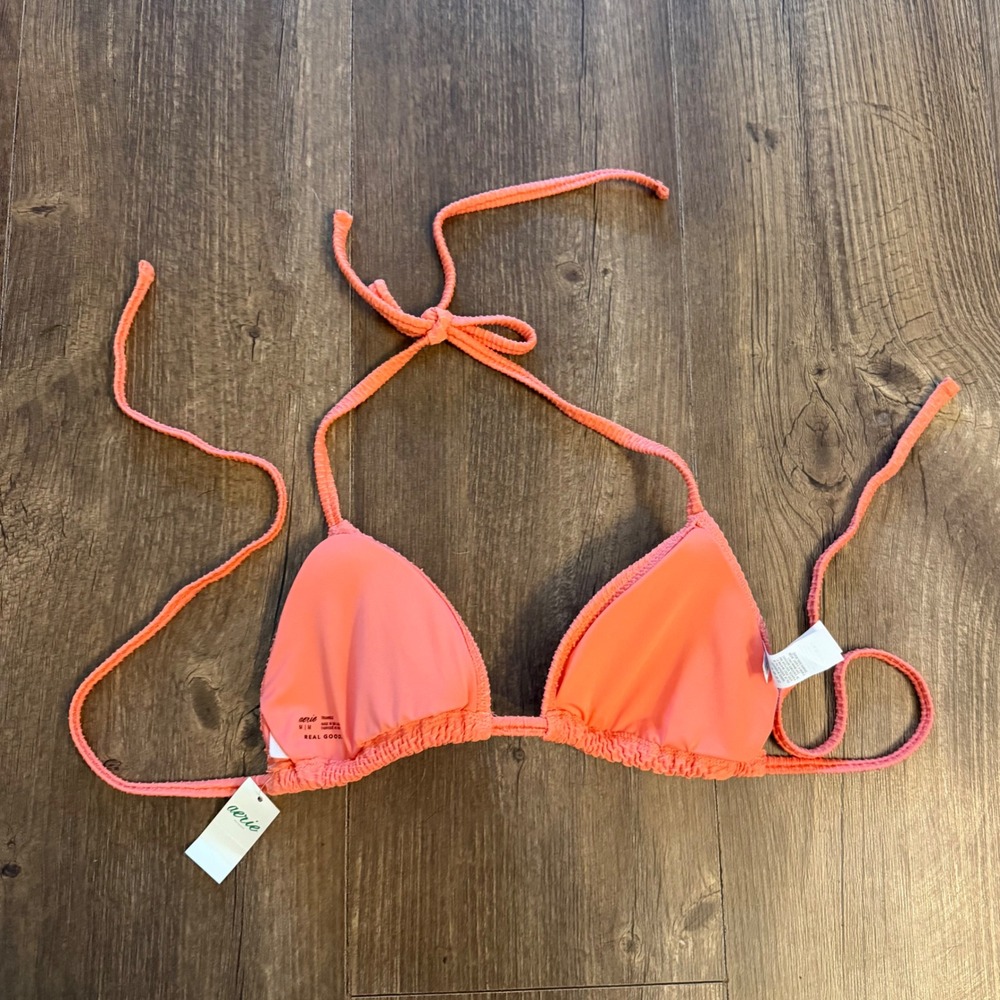 Aerie Triangle Bikini Top Womens Medium Coral Orange Textured Waffle Halter Swim - Picture 2 of 10